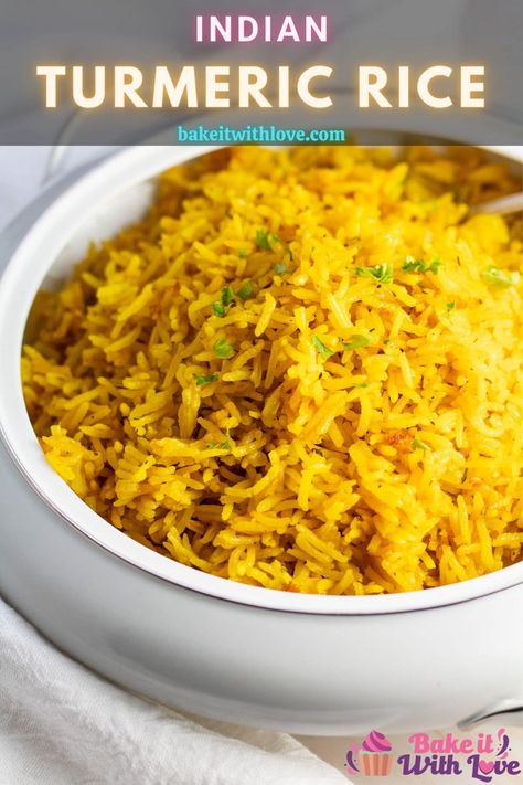 My delicious and quick Turmeric Rice is the perfect Indian-inspired side dish for any night of the week! This easy fluffy rice is packed with flavor from turmeric and aromatic seasonings to make an incredible side dish that goes well with any main course! BakeItWithLove.com #bakeitwithlove #turmericrice #yellowrice #ricesidedish Tumeric Rice, Turmeric Rice, Fluffy Rice, Popular Side Dishes, Rice Side, Indian Rice, Random Recipes, Light Meals, Rice Side Dishes