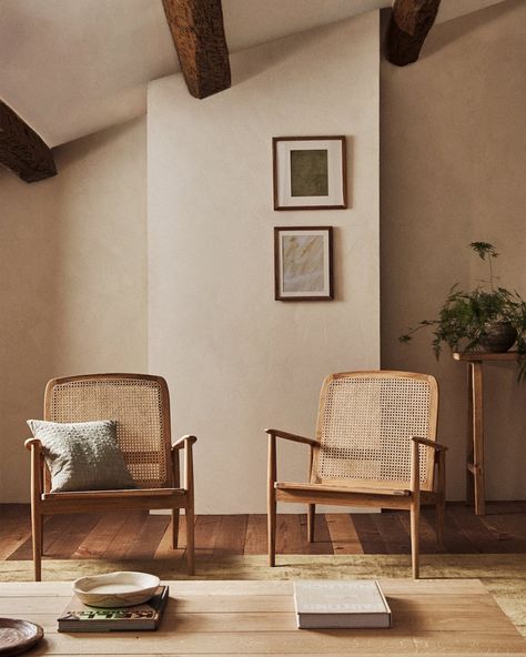 Zara Home on Instagram: “NEW IN · Armchair with teak wooden armrests and a rattan back. Find out the new arrivals from SS21 Collection at zarahome.com” Zara Home Interiors, Japandi Living Room, Japandi Living, Interior Design Per La Casa, Japandi Interior, Rattan Armchair, Design Del Prodotto, Minimalism Interior, Arm Chairs Living Room