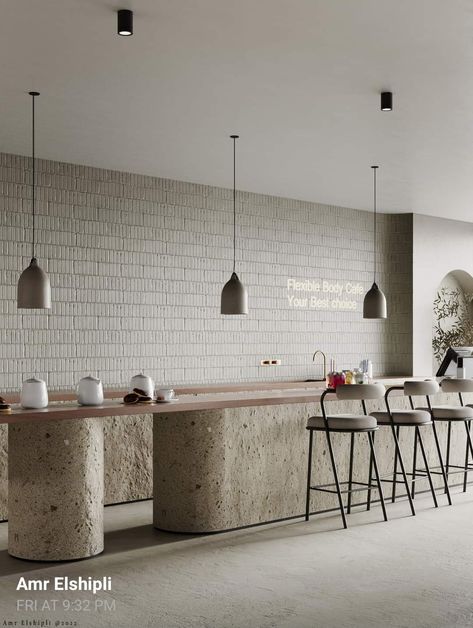 White Restaurant Interior Design, Concrete Design Interior, Concrete Wood Interior, Restaurant Counter Design, Salad Bar Restaurants, Minimal Bar, Concrete Bar, Wood Cafe, Modern Coffee Shop