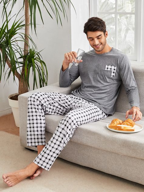 Multicolor   Long Sleeve  Gingham Pajama Sets Embellished Slight Stretch  Men Underwear & Loungewear Men Pajamas Fashion, Mens Night Suit, Lounge Wear Men, Mens Pjs, Men Nightwear, Men Loungewear, Mens Nightwear, Pajama Fashion, Mens Pajamas Set