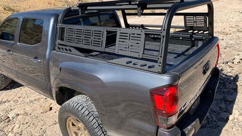 A Tacoma Bed Rack Tacoma Work Truck, Bed Rack Ideas, Tacoma Bed Rack, Nissan 1400, Tacoma Overland, Canoe Rack, Truck Roof Rack, Modular Bed, Ute Trays