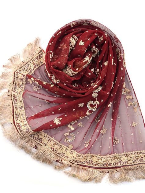 Crimson Embroidered Scarf Red Shawl Gold Fringed by MiriTextiles Formal Wrap, Wedding Bollywood, Gold Shawl, Bridal Indian, Bohemian Scarves, Sequin Scarf, Red Shawl, Gold Scarf, Asian Bridal Dresses