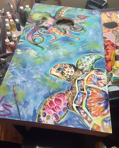 Painting Ideas Marine Life, Painting Ideas On Canvas Turtle, Abstract Turtle Painting, Ocean Theme Paintings Canvases, Turtle Painting Acrylic, Intermediate Acrylic Painting, Japanese Art Deco, Turtle In The Ocean Painting, Trippy Turtle Painting