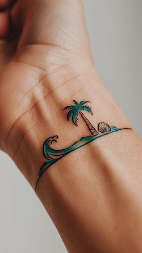 Beach Hand Tattoo, Florida Keys Tattoo Ideas, Beach Life Tattoo Ideas, Australia Travel Tattoo, Small Moana Tattoos Ideas, Florida Keys Tattoo, Seashell Wrist Tattoo, Tattoo Ideas Wave, Palm Tree Wave Tattoo