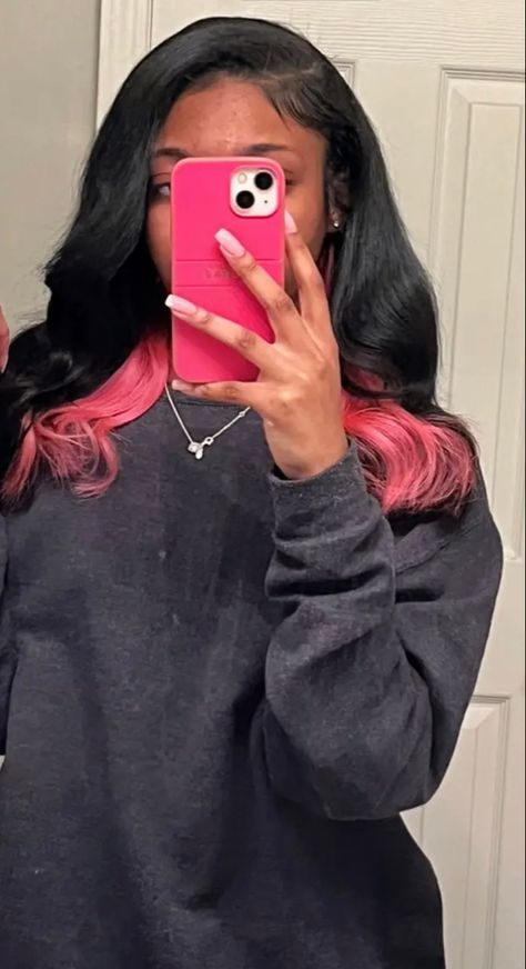 Black Hair With Pink Peekaboos, Colored Quick Weave, Practice Hairstyles, Hairstyles With Color, Pink Peekaboo Hair, Xoxo Jewelry, Highlight Hair, Peekaboo Hair, Frontal Wig Hairstyles