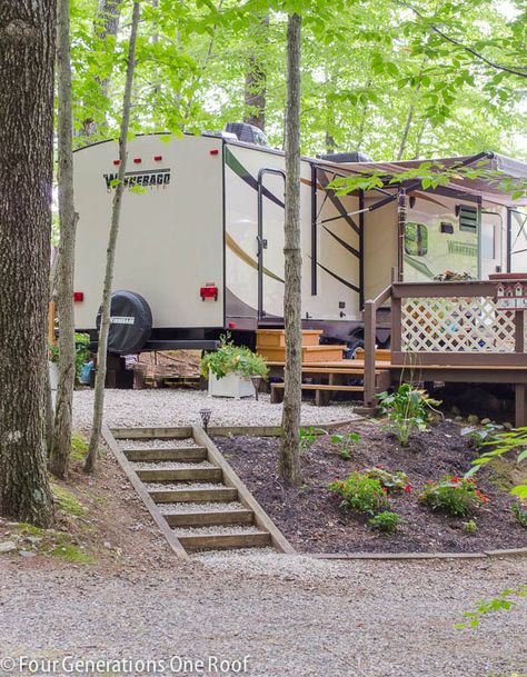 Our campsite at the lake + deck makeover. A run down campsite and old deck gets a makeover with 15 gallons of stain and a little TLC to clean it up and create a functional and stylish deck. Rv Property Ideas, Lake Lot Ideas, Lake Lot Landscaping Ideas, Campsite Landscaping Ideas, Seasonal Campsite Ideas Yards, Rv Lot Landscaping Ideas, Seasonal Campsite Ideas, Permanent Camper Site Ideas, Seasonal Campsite