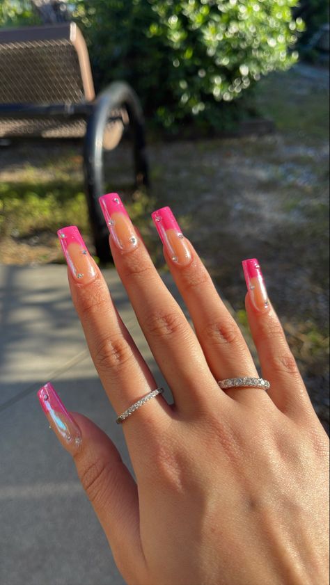 Pink Chrome French Tip Nails Square, Hot Pink Chrome Nails, Hot Pink French Tips, Hot Pink French Tip, Hot Pink Chrome, Bratz Core, Pink Tip Nails, Bday Nails, Pink Glamour