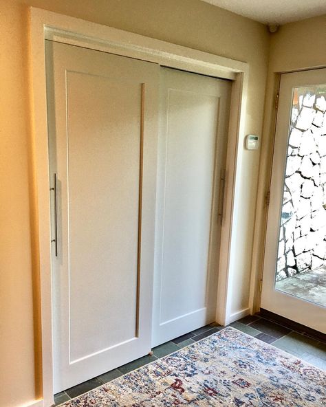 Large Sliding Closet Door Ideas, Sliding Door Remodel, Exterior Closet Door Ideas, Closet Door Handle, Best Closet Doors Small Spaces, Update Closet Sliding Doors, Entryway Sliding Closet Doors, Closet Door Same Color As Wall, Hinge Closet Doors