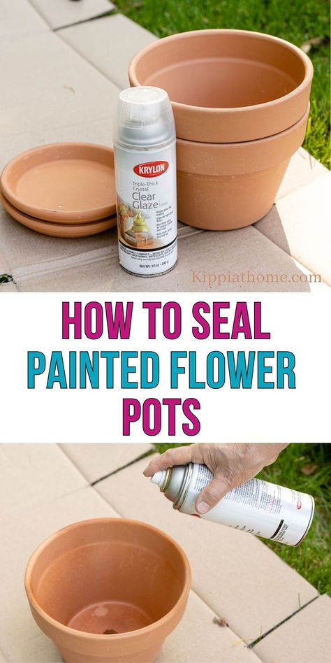 clay flower pots with a can of sealer on cardboard Decorate A Flower Pot, How To Paint A Terra Cotta Pot, Flower Pot People Diy How To Make, How To Paint Terra Cotta Pots Outdoor, Easy Terracotta Pot Painting, Diy Clay Pots Crafts, Painting Pots Terracotta, Painting Clay Pots Ideas, Terracotta Pot Decor