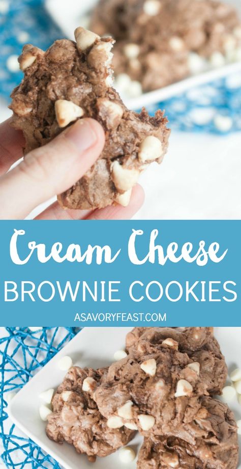 Cream cheese is a magical ingredient. It takes an already delicious recipe and makes it 10 times better. Case in point: these Cream Cheese Brownie Cookies. You probably have a brownie mix in the house, so dress it up with a few extra ingredients for a tasty treat. #boxedbrowniemix #easycookies #cookies #dessert Cream Cheese Baking Chips, Cream Cheese Brownie Cookies, Cream Cheese Chips Recipes, Cream Cheese Chips Cookies, Hersheys Cream Cheese Chips Recipes, Hersheys Cream Cheese Chips, Cheese Brownies, Cream Cheese Brownies, Cheese Chips