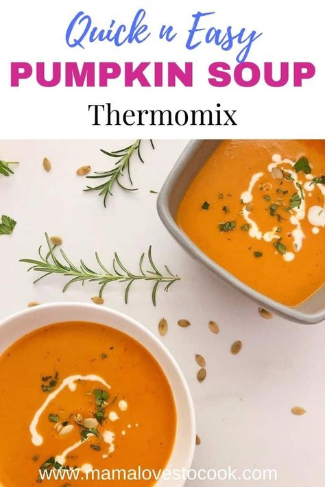 This Thermomix pumpkin soup recipe is full of rich creamy pumpkin and sweet apple flavors, making it the perfect soul warmer on a cold autumnal day. Roasting the vegetables gives you a gorgeously rich and sweet soup, which is perfectly balanced with the fresh herbs and a touch of chili. Serve with a hunk of crusty bread for the perfect lunch. #souprecipes #thermomixrecipes #easymeals Thermomix Pumpkin Soup, Thermomix Recipes Dinner, Thermomix Soup, Roast Pumpkin Soup, Sweet Soup, Pumpkin Soup Recipe, Healthy Family Dinners, Roasted Chicken Breast, Perfect Lunch