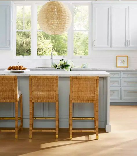 Kitchen Island Design  – serena & lily Modern Coastal Kitchen, Rattan Counter Stools, Coastal Kitchen Design, Coastal Kitchen Decor, Rattan Bar Stools, Beach House Kitchens, Coastal Kitchen, Serena And Lily, Kitchen Plans