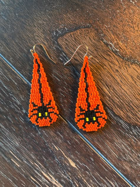 All of my Jewelry has been made with Positivity and Warmth to bring you good Vibes. To make You and your Loved Ones feel Unique and Special in every way. Beautiful Delica Miyuki Japanese Seed Bead Earrings.  Orange and Black Tear Drop Beads Halloween Spider Ear Wire Hypoallergenic  These earrings take me about 3-4 hours to make To enjoy more of my Jewelry, please visit NorasPreciousPieces Seed Bead Halloween Jewelry, Fall Beaded Earrings, Halloween Seed Bead Earrings, Seed Bead Halloween Earrings, Adjustable Beaded Earrings For Halloween, Beaded Dangle Earrings For Halloween, Halloween Gift Beaded Dangle Earrings, Halloween Seed Bead, Halloween Beadwork