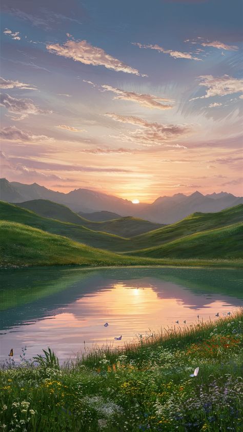 Immerse yourself in this breathtaking wallpaper featuring rolling green hills under a vibrant sunset. The golden sun dips below the horizon, casting hues of pink, orange, and lavender across the sky. A tranquil lake reflects this stunning scene, surrounded by lush wildflowers and delicate butterflies. Perfect for nature lovers, this serene landscape captures the essence of peace and beauty in nature. #Wallpaper #Sunset #Nature #Landscape #Serenity Serene Landscape Painting, Mountain Aesthetic, Disney World Wedding, Dreamy Landscapes, Lake Sunset, Sunset Landscape, Lake Landscape, Change Image, Wildlife Nature