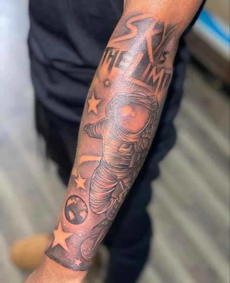 Shoot For The Stars Tattoo Men, Tattoo For Teens Boys, Boondock Tattoo Ideas, Men Scorpio Tattoo Ideas, Nba Players Tattoos Leg, Men Tattoo Ideas Sleeve Family, Half Sleeve Tattoos For Guys Lower Arm, Tattoo Ideas Black Male, Skys The Limit Tattoo Men