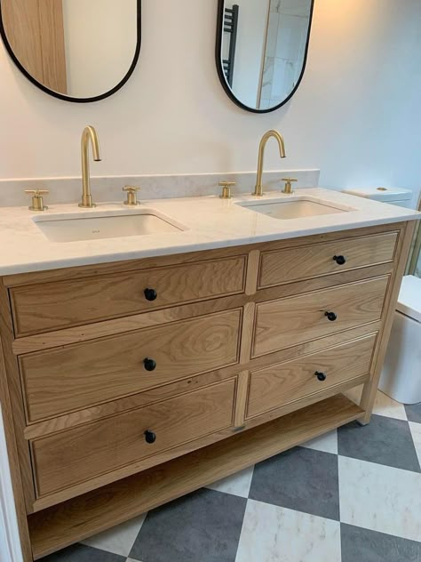 Bathroom With Wooden Cabinets, Oak Vanity Bathroom Uk, Wooden Vanity Unit Bathroom, Double Vanity Unit Bathroom Uk, Vanity Unit Uk, Wooden Double Vanity Bathroom, Wooden Cabinet Bathroom, Wooden Bathroom Sink Cabinet, Ribbed Bathroom Vanity