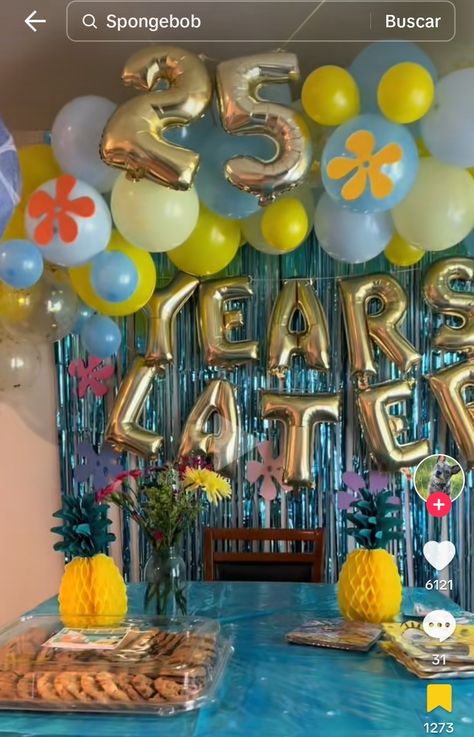 Spongebob Birthday Aesthetic, Spongebob Backdrop For Birthday, Spongebob Third Birthday, Spongebob Birthday Party Sweet 16, Davy Jones Locker Spongebob, Sponge Bob Valentine Box Ideas, Spongebob Luau Party Birthday, 25 Year Old Spongebob Birthday, 30th Birthday Spongebob