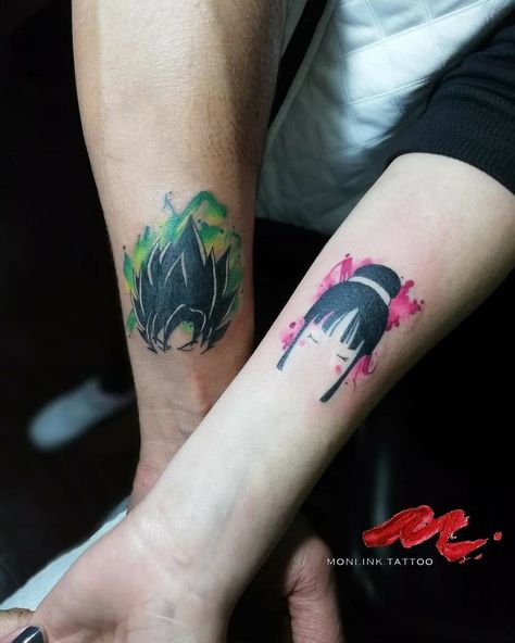 Dragon Ball Couple Tattoos, Tattoos Pequeños, Husband Wife Tattoos, Matching Tattoos For Couples, Tatuaje Studio Ghibli, Couple Tattoo Ideas, Dbz Tattoo, Husband Tattoo, Tattoos For Couples