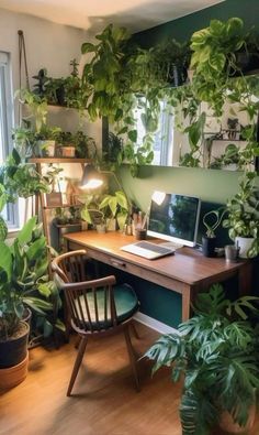 Home Decor: #homedecor, #interiordesign, #homedesign, #decor inspiration # study room # bedroom decor Green And Wood Room Aesthetic, Cozy Plants Aesthetic, Earthy Plant Aesthetic, Green Acedamia Aesthetic Room, Green And Brown Office, Green Room With Plants, Green And Brown Room Aesthetic, Library With Plants, Plant Themed Room