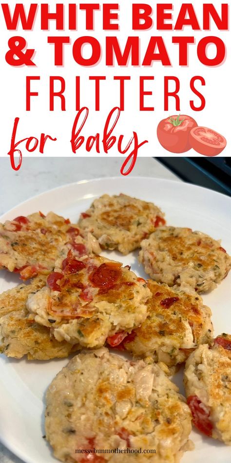 white bean and tomato fritters Vegetarian Blw Recipes, Chickpea Recipes For Babies, Blw Easy Recipes, Dairy Free Baby Led Weaning, Baby Leading Weaning Recipes, Sweet Potato Crackers Recipe, Beans For Babies, Tomato Fritters, Potato Crackers