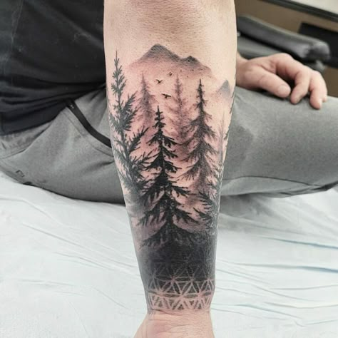 Tree Scape Tattoos, Tree Line Forearm Tattoo, Men’s Tree Tattoo, Tree Arm Tattoo Men, Tree Scene Tattoo, Men Tree Tattoo, Tree Calf Tattoo, Tree Tattoo Designs Men, Arm Tree Tattoo