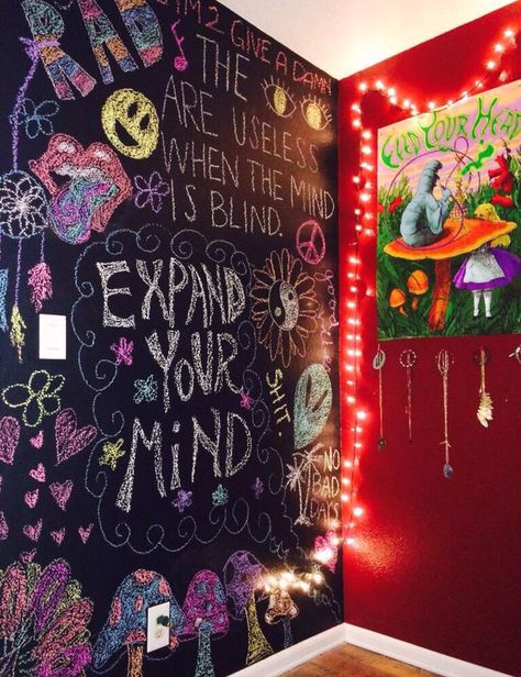 Chalkboard Paint Wall, Hippy Bedroom, Chalkboard Wall Bedroom, Trippy Room, Hangout Room, Hippie Bedroom, Chalk Wall, Hippy Room, Chill Room