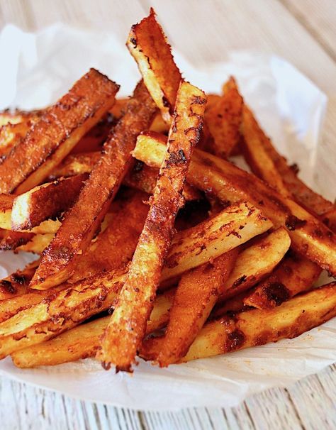 Smoky Chipotle Parmesan French Fries are a scrumptious snack, appetizer or side. They're subtly spicy, wonderfully smoky, and are crisped to perfection with cheese. #Frenchfries #fries #chipotle #Parmesan Radish Fries, Parmesan French Fries, Daikon Recipe, Cajun Fries, Daikon Radish, French Fries Recipe, Homemade French Fries, Cast Iron Recipes, Fries Recipe