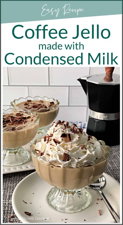 Coffee With Condensed Milk Recipes, Coffee Jello Desserts, Jello Condensed Milk Recipes, Jello And Condensed Milk, Milk Jello Recipes, Milk Dessert Recipes Simple, Coffee Gelatin Dessert, Condensed Milk Drinks, Condensed Milk Jello Recipe