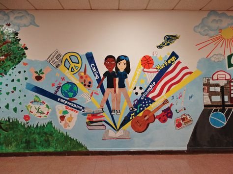 High School Murals, School Wall Art Ideas, Preschool Logo, Exterior Murals, Bridge Art, School Wall Art, School Murals, School Painting, Elementary Art Projects