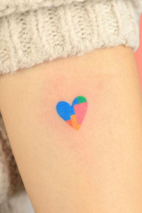 Heart Tattoo Colorful, Birthstone Heart Tattoo, Colorful Heart Tattoos, Colored Heart Tattoo, Color Heart Tattoo, Small Heart Tattoo Ideas, Pink Tattoo Ink, Watercolor Heart Tattoos, Small Heart Tattoo