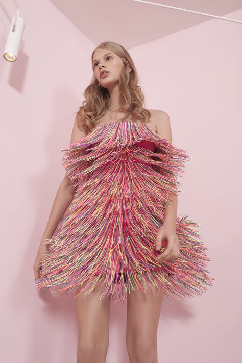 Dafna May pink dress with fringes Rainbow Fringe Dress, Pink Tassel Dress, Lisa Frank Photoshoot, Pink Fringe Outfit, Abba Wedding, 70s Chic, Garment Inspiration, Taylor Swift Costume, Fringe Clothing