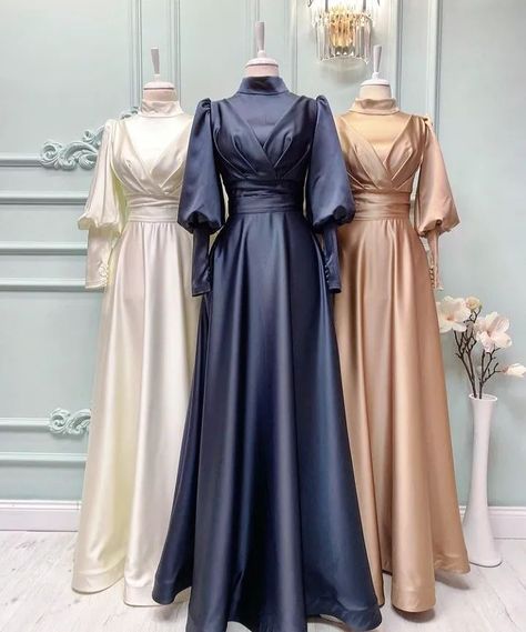 Modern & Modest High quality Satin dress Formal Evening Dress Hijab Evening Dress Classy Satin, Gowns Dresses Elegant Classy Glamour, Satin Dresses Hijab, Baju Bridesmaid Modern Hijab, Satin Dress Hijab, Braidsmaid Dresses, Elegant Silk Dresses, Muslim Evening Dresses, Modest Evening Dress