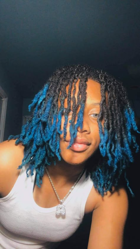 Blue Dreadlocks Men, Locs With Blue Tips, Blue Tip Locs, Dyed Ends Locs, Teal Locs Black Women, Navy Blue Locs, Black And Blue Locs, Loc Tips Dyed, Blue Dyed Locs