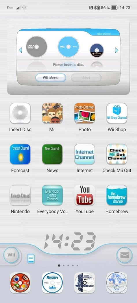 Wii Start Screen, Wii Iphone Widget, Wii Homescreen Wallpaper, Wii Themed Phone Icons, Nintendo Wii Widgets, Nintendo Icons Aesthetic, Wii Iphone Homescreen, Wii Phone Layout, Nintendo Phone Theme