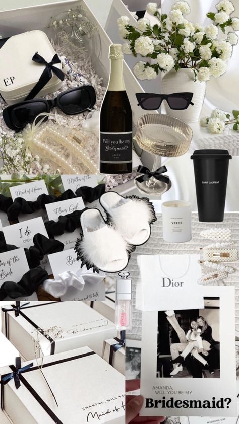 Black and white elegant modern bridesmaid proposal box.  Classic bridesmaid things with a Prosecco, cocktail glass and black ribbon, sunglasses, sun slippers, candles, flowers and black-and-white details. #BridesmaidsProposalBox #Bridesmaids #Bridesmaids #BlackAndWhite #MinimalBridesmaid #Glassy #Elegant #Black-and-WhiteWedding #WillYouBeMyBridesmaid Black And White Picnic, Elegant Bridesmaid Proposal, Bachelorette Party Ideas Black And White, Black And White Bachelorette, Black And White Bridesmaid Proposal, Bachelorette Black And White, Bridesmaid Boxes Proposal, Black And White Bridal Party, Black And White Engagement Party