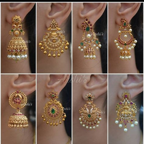 Jhumkas Gold Indian, Buti Design, Ruby Necklace Designs, Gold Earrings For Kids, Gold Earrings Indian, Antique Gold Earrings, Gold Jhumka Earrings, Gold Jewels Design, Gold Earrings Models