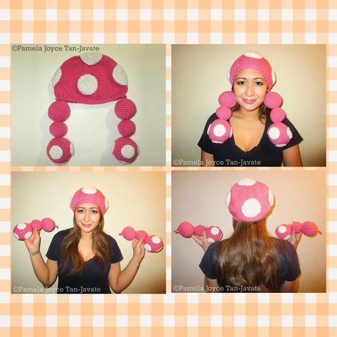 Toadette Beanie (Knit and Crochet Combination) - Can be worn as a plain beanie/beret, or with the pigtails.  arts, beanie, charmed, cosplay, costume, crafts, crochet, diy, etsy, geekery, hat, headpiece, knitting, miss pamela, misspamela, project, Super Mario Bros, Toad, Toadette Diy Toadette Hat, Toadette Crochet Hat Pattern, Crochet Toadette Hat, Toadette Costume Diy, Diy Toadette Costume, Toadette Costume, Super Mario Bros Toad, Mario Brothers Costumes, Mario Halloween