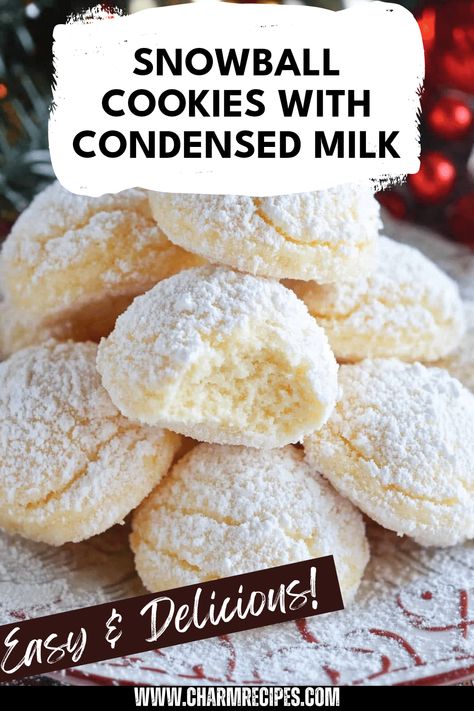 Delight in these light and fluffy Snowball Cookies made using sweetened condensed milk. These melt-in-your-mouth treats, coated generously with powdered sugar, are perfect for festive gatherings or simply as a sweet indulgence at home. Packed with rich flavors, these cookies impress guests and are great for holiday cookie trays. Satisfy your sweet tooth with this unique recipe that’s sure to become a favorite. Bake and share these delicious meltaway snowballs at Christmas or any cozy gathering all year round. Snowball Meltaway Cookies, Powdered Christmas Cookies, Sweetened Condensed Milk Snowballs Cookies, Christmas Delight Dessert, Unusual Christmas Cookie Recipes, Dessert Using Sweetened Condensed Milk, Christmas Meltaway Cookies, Unique Flavor Cookies, Unique Christmas Baking