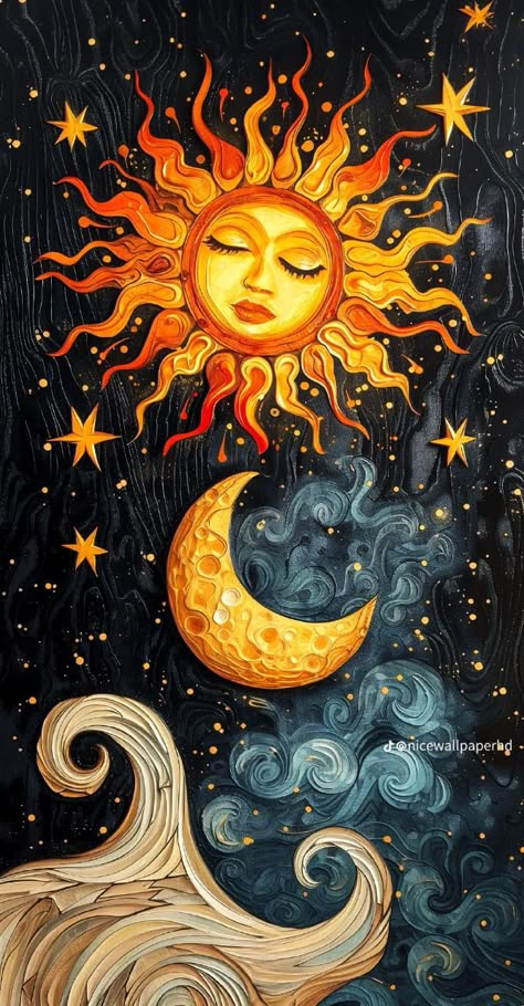 Sun And Moon Painting Ideas, Sun And Moon Mural, Sun And Moon Pictures, Sun Painting Hippie, Sun And Moon Wallpaper Aesthetic, Celestial Art Wallpaper, Sun And Moon Paintings, Moon And Sun Wallpaper, Sun Moon Painting