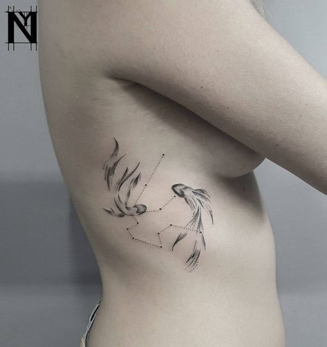 Pisces Constellation and Twin Fish Tattoo | Tattoo Ideas and Inspiration Tattoo Ideas Designs, Orion Tattoo, Pisces Constellation Tattoo, Leo Constellation Tattoo, Aries Constellation Tattoo, Harry Tattoos, Twin Tattoos, Pisces Constellation, Aquarius Tattoo