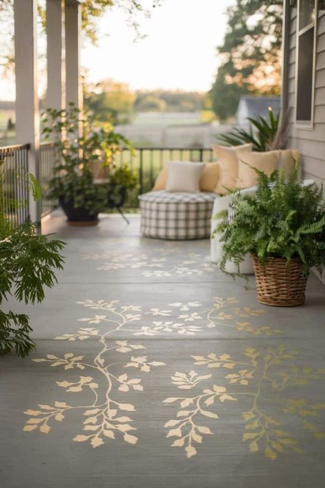 39 Painted Concrete Porch Ideas: Transform Your Outdoor Space Cement Porch Paint Ideas, Painted Concrete Floors Outdoor, Painted Concrete Porch Ideas, Concrete Porch Paint, Concrete Porch Makeover, Porch Paint Ideas, Painted Cement Patio, Concrete Porch Ideas, Porch Paint