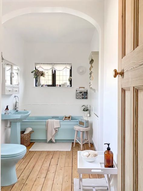 Tour a Renovated House in Cambridgeshire, England — Photos | Apartment Therapy Blue Bathroom Suite, Light Blue And Wood Bathroom, Bathroom With Blue Tub, Blue Toilet Bathroom, Blue Bathtub Bathroom Ideas, Blue And Wood Bathroom, Carpeted Bathroom, Light Blue Bathroom Ideas, Tub Bathroom Ideas