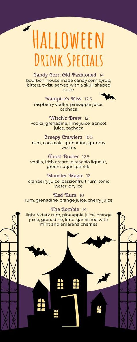 Halloween Drink Specials Half Page Menu Halloween Menu Ideas, Halloween Food Menu, Pumpkin Menu, Halloween Party Menu, Holiday Dinner Menu, Bistro Menu, Halloween Drink, Halloween Menu, Halloween Bar