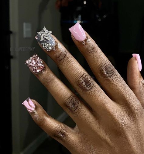 ‎ Cute Nails Acrylic Rhinestones, 2000s Nail Designs Short, Short Nail With Rhinestones, Short Diamond Nails, Medium Junk Nails, Rhinestone Nails Short, Short Dope Nails, Birthday Short Nails, Short Rhinestone Nails