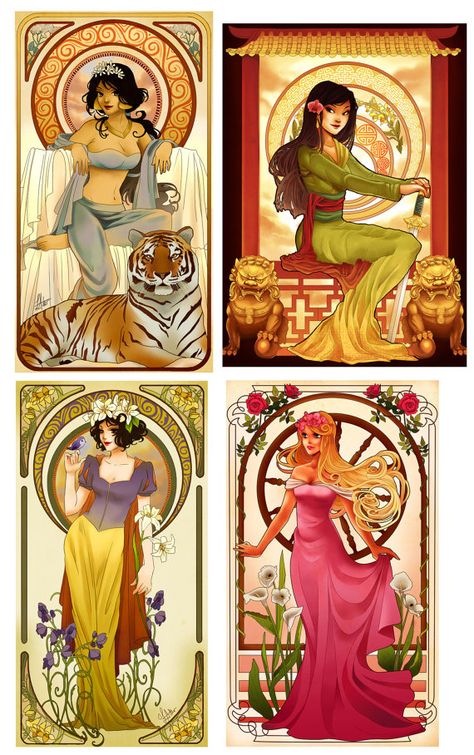 Art nouveau Disney Princesses by Hannah Alexander of Never Bird Designs http://www.etsy.com/shop/NeverBirdDesigns Disney Princess Tea Party, Art Nouveau Disney, Hannah Alexander, November Art, Blitz Design, Alternative Disney Princesses, Illustration Art Nouveau, Art Geek, Art Nouveau Illustration