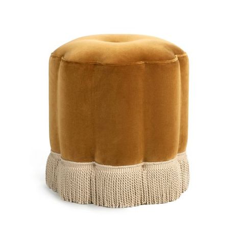 Flower Stool: Ochre Velvet upholstered footstool shaped to resemble a flower with a fringed base, £695 from Soho Home. Affiliate. Chair And Table Design, Flower Stool, Soho House Barcelona, Table Design Ideas, Velvet Fringe, Velvet Footstool, Velvet Stool, Chair And Table, Velvet Furniture