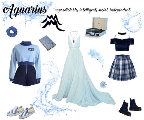 Aquarius Inspired Outfits, Aquarius Aesthetic Outfit, Aquarius Lookbook, Aquarius Fashion Style, Zodiac Dresses, Zodiac Signs Outfits Style Inspiration, Aquarius Fashion, Zodiac Outfits, Astrology Fashion