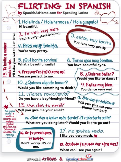 Flirting in Spanish: 18 Easy Spanish Phrases for Dating | "we’ve given you a few choice phrases that should be easy to remember and quick to charm." #LearnSpanish Spanish Love Phrases, Spanish Help, Spanish Notes, Useful Spanish Phrases, Spanish Words For Beginners, Basic Spanish Words, Spanish Basics, Learning Spanish Vocabulary, Learn Another Language