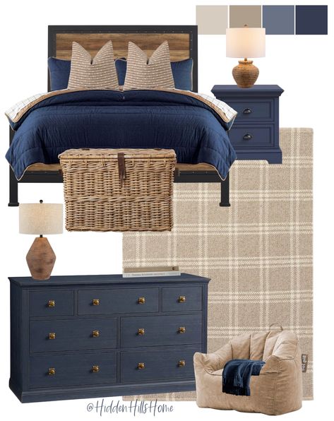 Navy Boys Bedroom, Boys Room Decor Ideas, Blue And Cream Bedroom, Decor Mood Board, Sports Themed Bedroom, Bedroom Mood Board, Blue Boys Bedroom, Boys Room Blue