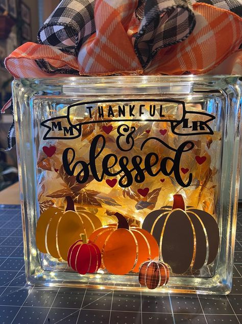 Fall Glass Block Ideas, Halloween Glass Blocks Ideas, Thanksgiving Glass Blocks, Fall Glass Blocks With Lights, Halloween Shadow Box Ideas, Glass Blocks With Lights, Decorative Glass Blocks, Sellable Crafts, Fall Blocks